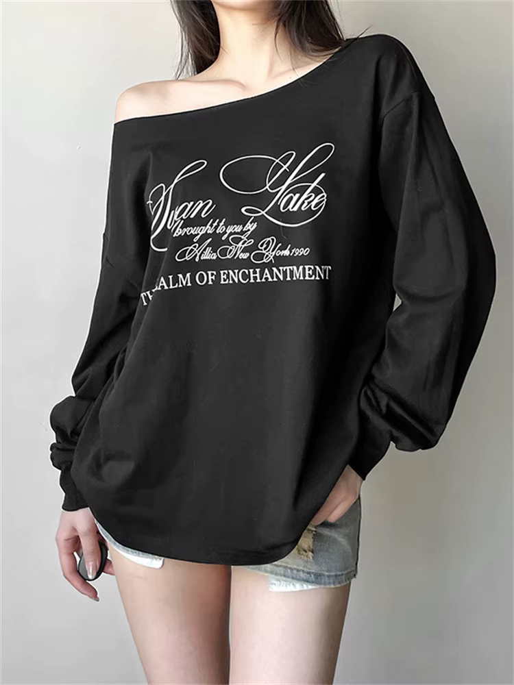 Sisterlinda quotidien Style polyvalent T-Shirts femmes lettre impression épaule inclinée manches lon