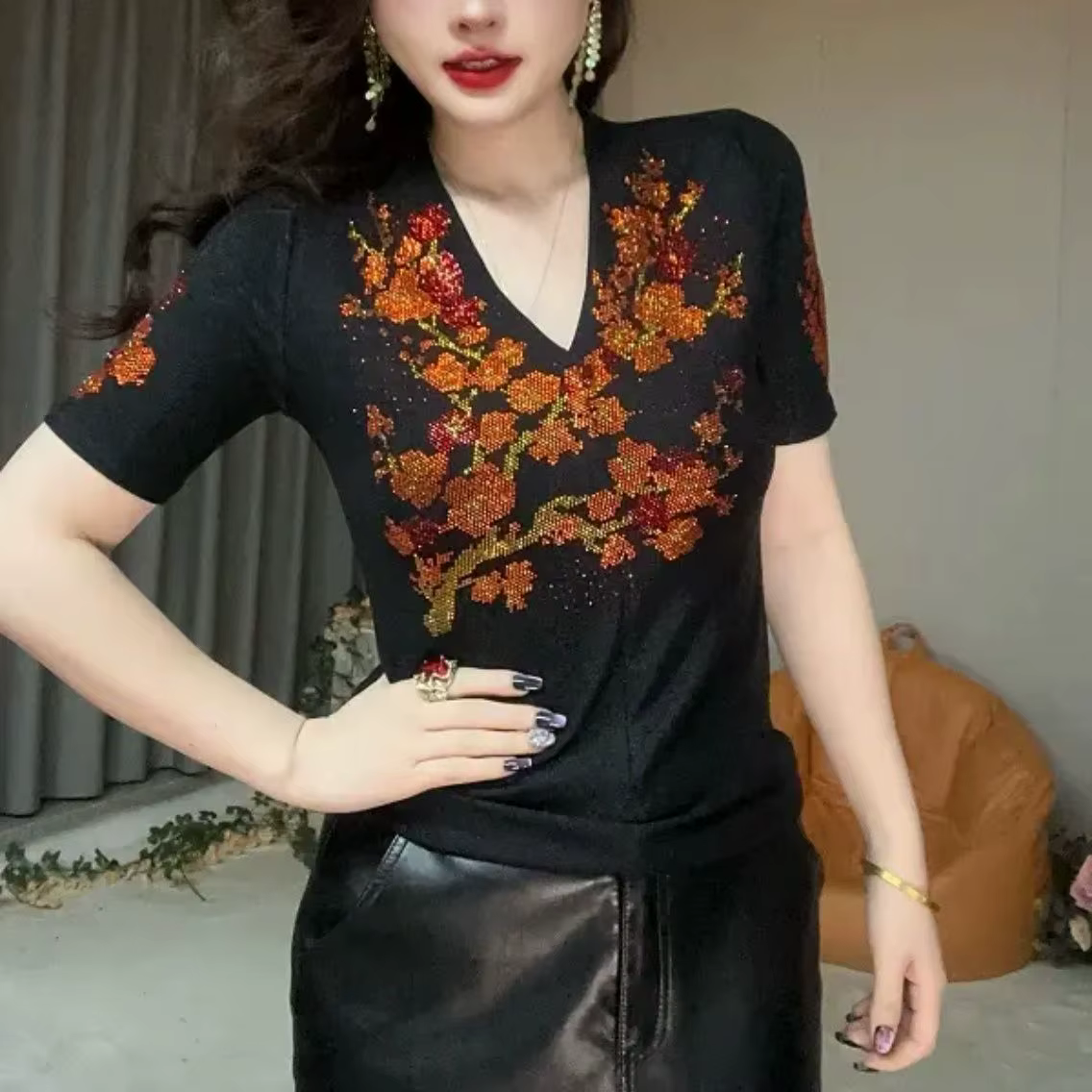 T-shirt à manches courtes pour femmes, col en v, à la mode, industrie lourde, tendance, Slim, nouvel