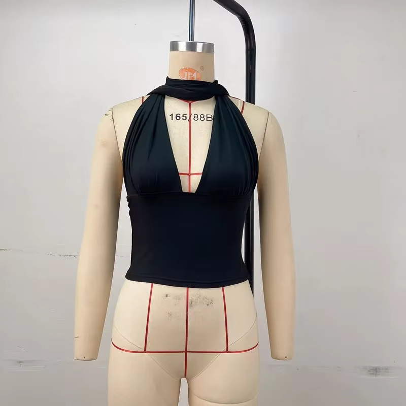 Débardeur Halterneck Femme Nouvelle Collection Été Couleur Unie Décolleté Plongeant à Lacets Sexy Sa