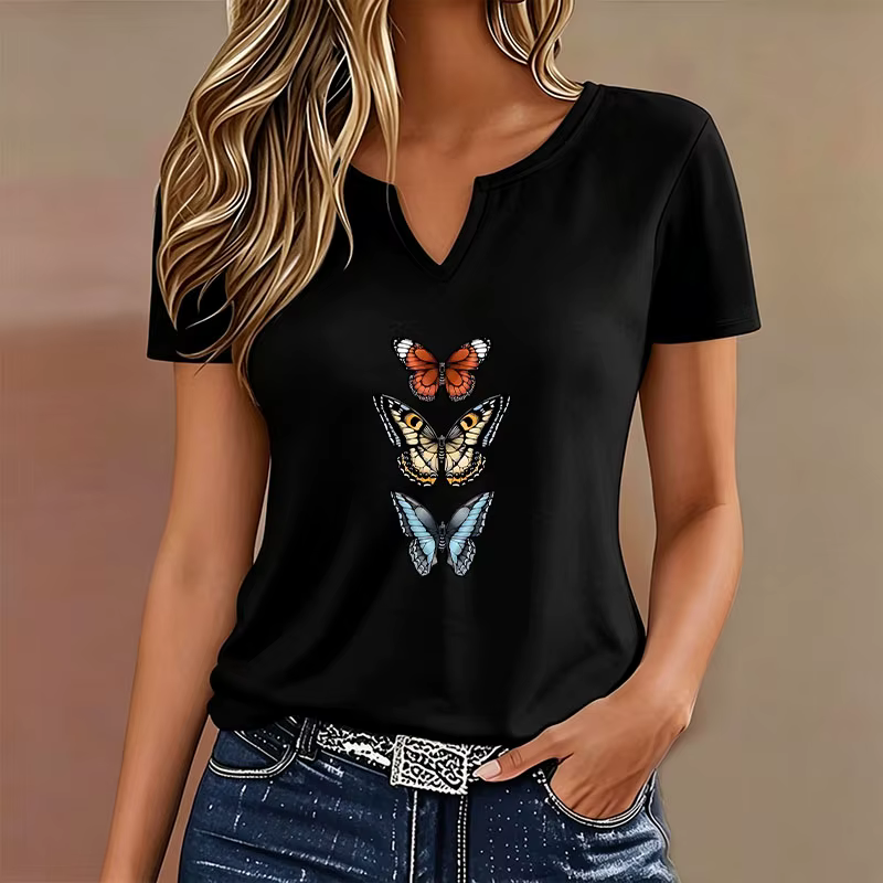 T-shirt papillon coloré printemps-été, col en V, mode décontractée Y2k, t-shirts imprimés pour femme