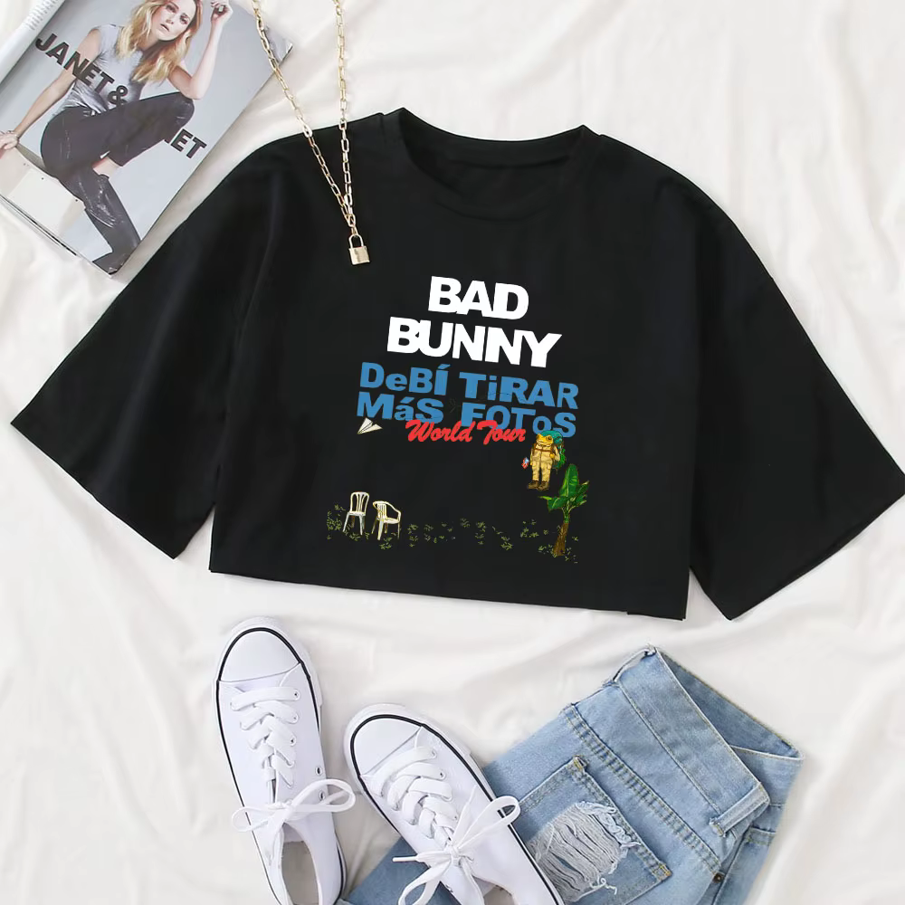 T-shirt Bad Bunny Tour 2025-2026 pour femme, col rond, manches courtes, crop top, cadeau pour les fa