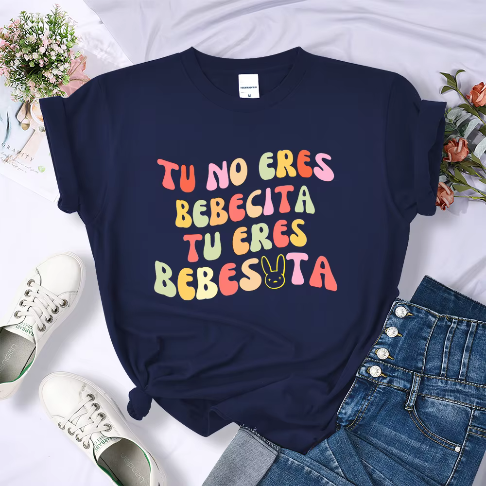 T-shirt imprimé Tu No Eres Bebecita Tu Eres BeBio ota pour femme, haut confortable avec lettres colo