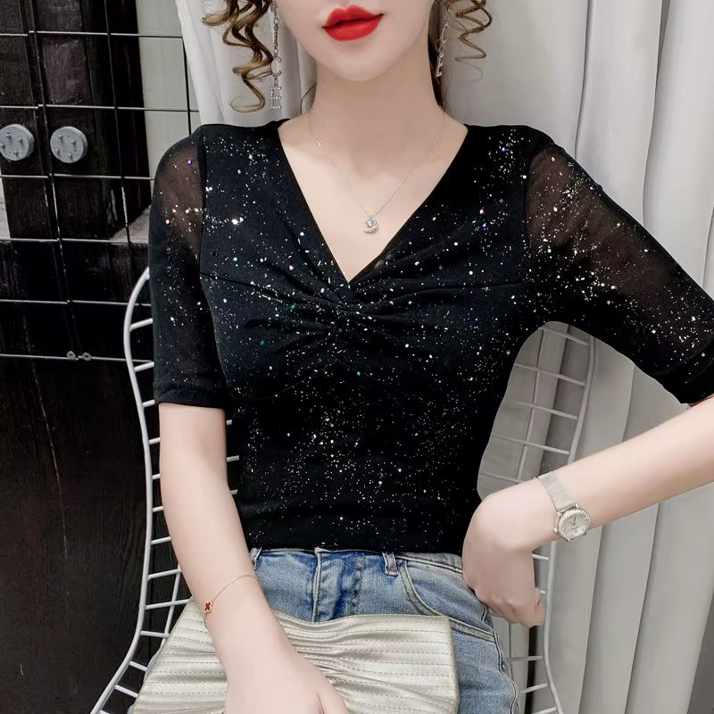 Femmes à manches courtes maille T-shirt été brillant fond haut décontracté brillant soie plissée che