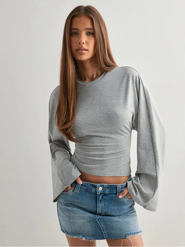 T-Shirt slim à manches longues et col rond pour femme, haut court monochromatique, décontracté, Stre