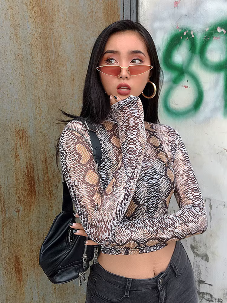 Décontracté vert serpent imprimé T-shirt femmes haut en maille à manches longues Transparent peau de