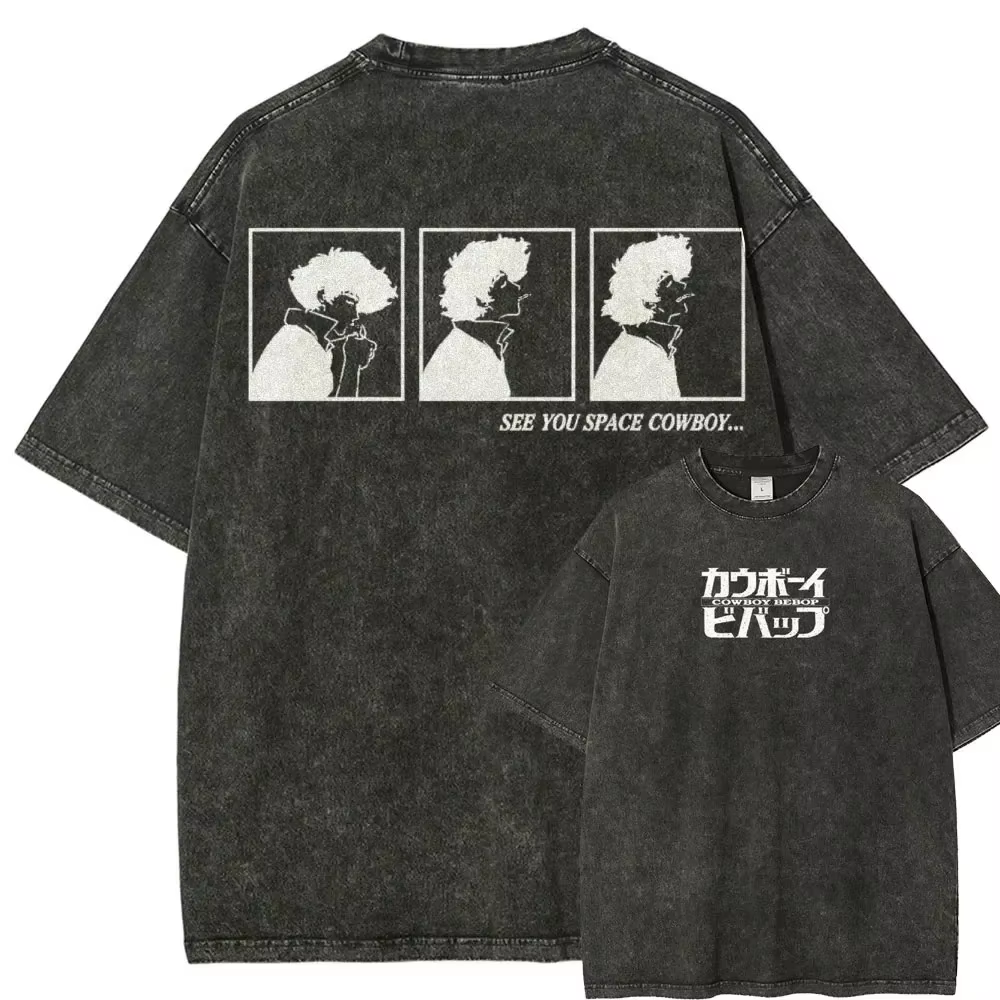 T-shirt d'été 100% coton délavé pour hommes, essentiel, avec motif imprimé Spike Spiegel de la série