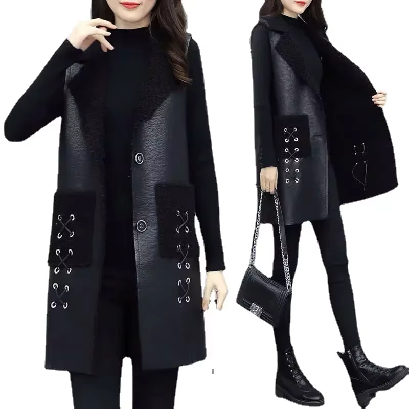 Gilet d'hiver en laine et cuir pour femme, veste en PU, coréen, solide, sans manches, manteau mi-lon
