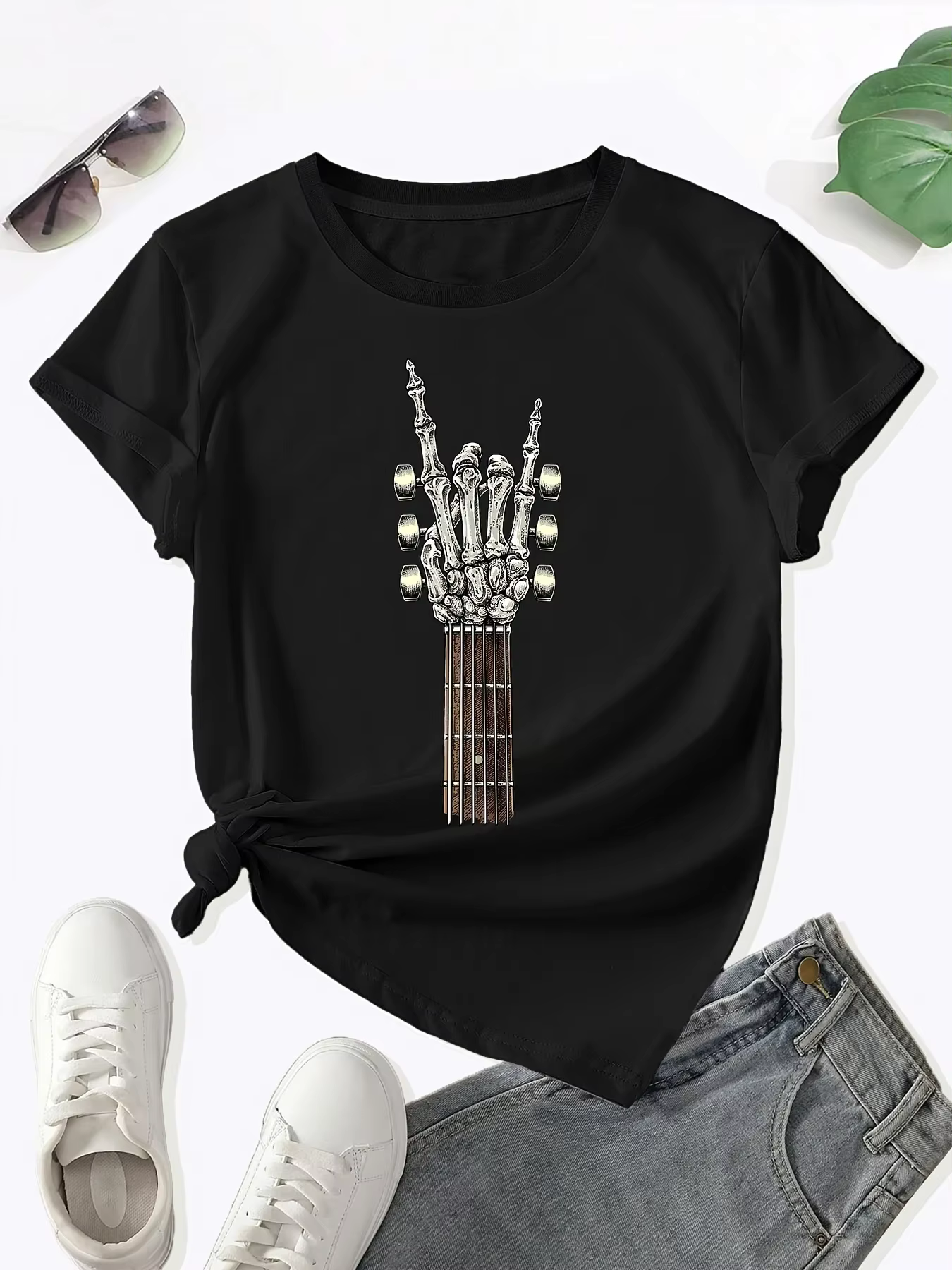 Rock sur guitare imprimé col rond T-shirt printemps été Harajuku manches courtes haut décontracté Vi