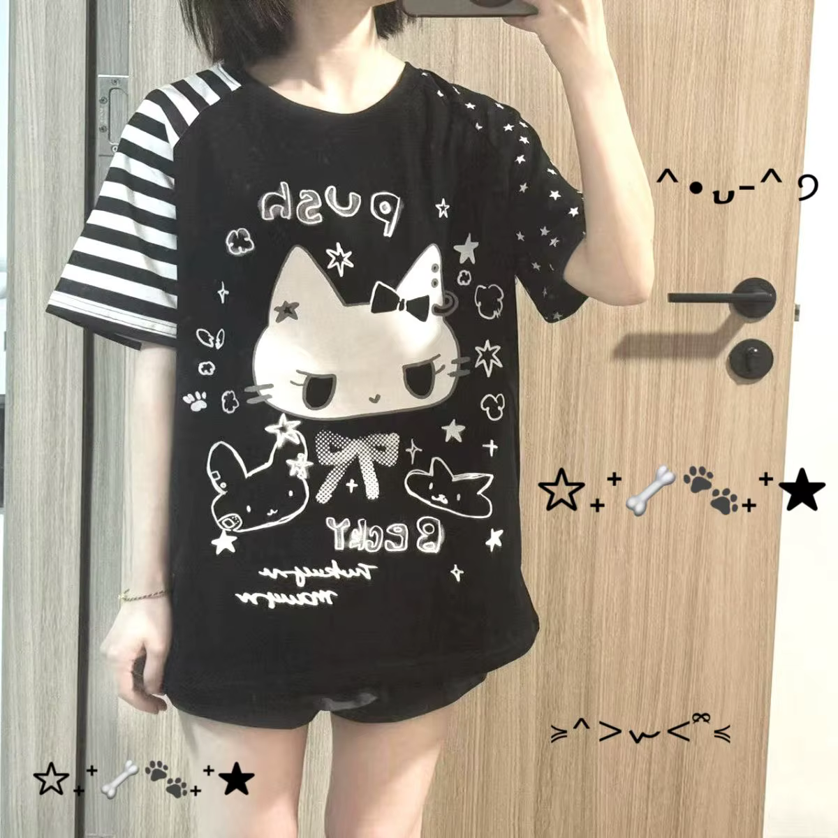 T-shirt à manches courtes imprimé chat mignon style japonais pour femme, motif étoile, subculture, é