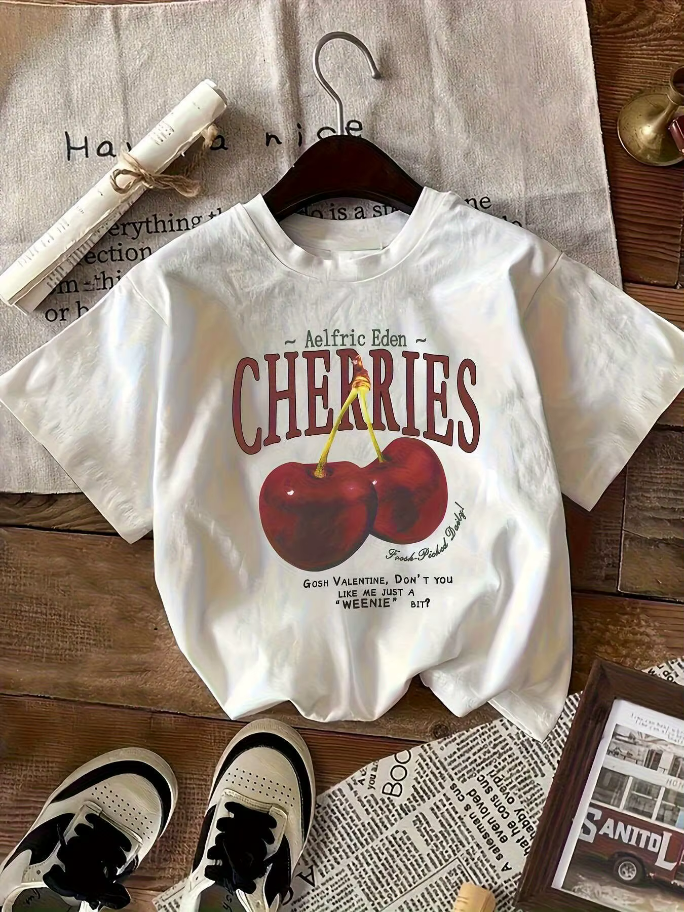 T-shirt imprimé cerise Y2K pour femmes, en coton, col rond, manches courtes, hauts graphiques, coupe