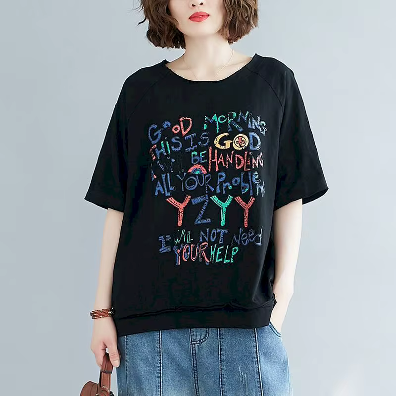 T-shirt manches courtes femme, ample et décontracté, en coton, avec lettres imprimées, art coréen, t
