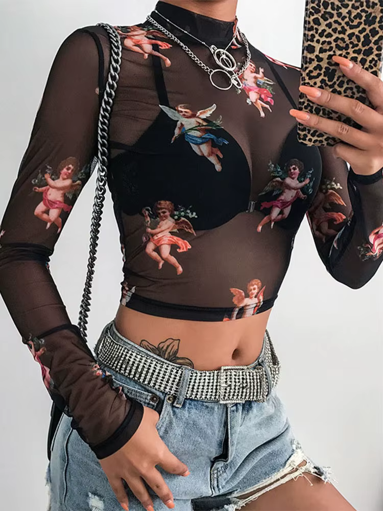 T-shirt à manches longues en maille transparente pour femmes, col roulé mince transparent, t-shirt s