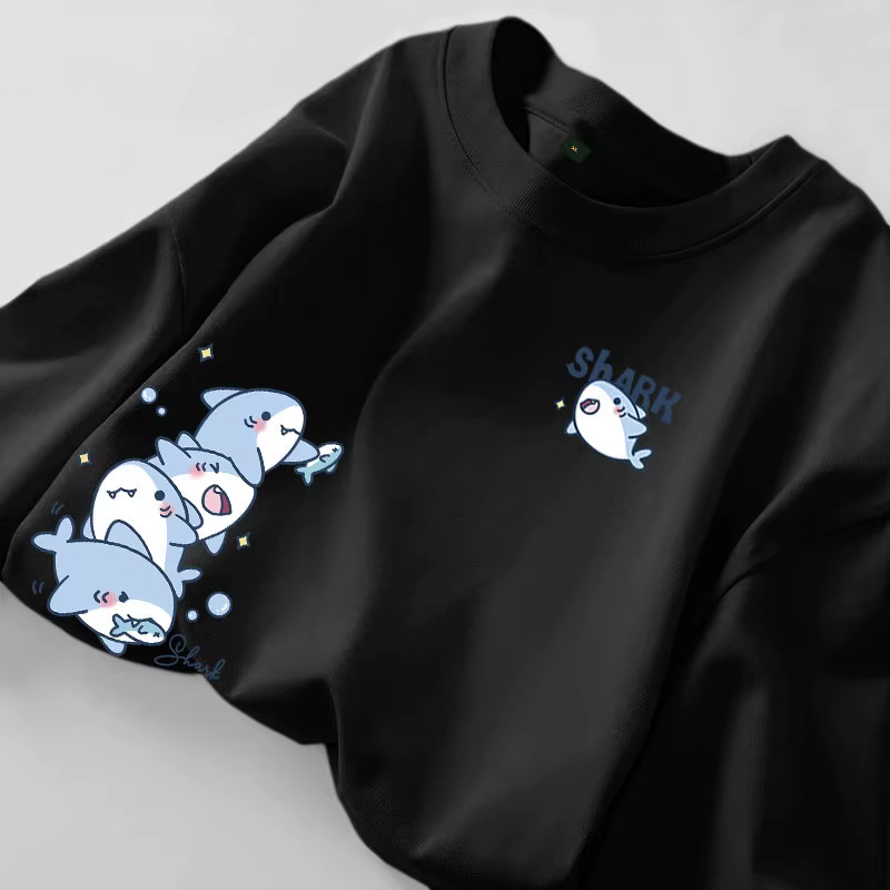 T-shirt à manches courtes d'été, imprimé requin de dessin animé, simple, décontracté, ample et polyv