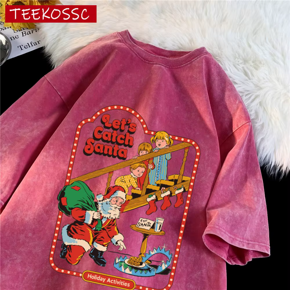 Let Is Catch Santa imprimé rétro T-Shirt hommes coton confortable t-shirts mode ample rétro neige la
