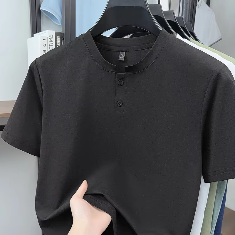 T-shirt Henley basique pour homme, col à deux boutons, tissu doux, fin et extensible, manches courte