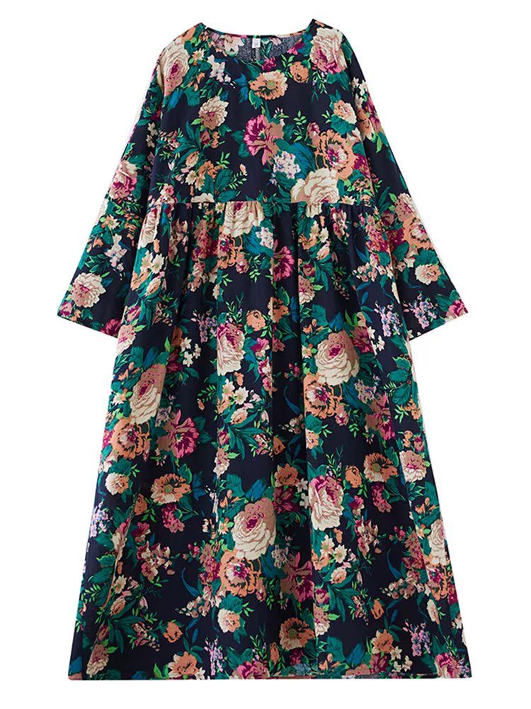 Robes amples en coton à manches longues imprimées style vintage pour femmes – Collection Printemps-A