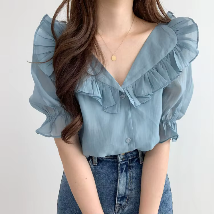 Blouses d'été pour femmes à manches bouffantes 2026, style vintage, col en V, transparentes, à volan