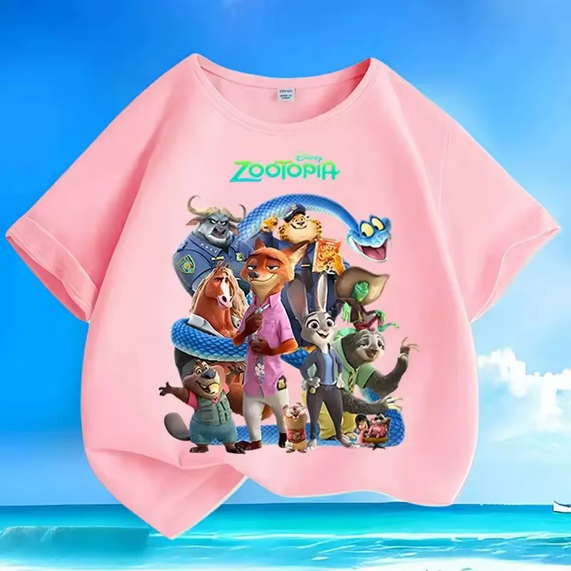 T-shirt pour enfants, design de dessin animé Zootopia, été 2026, pur coton, col rond, manches courte