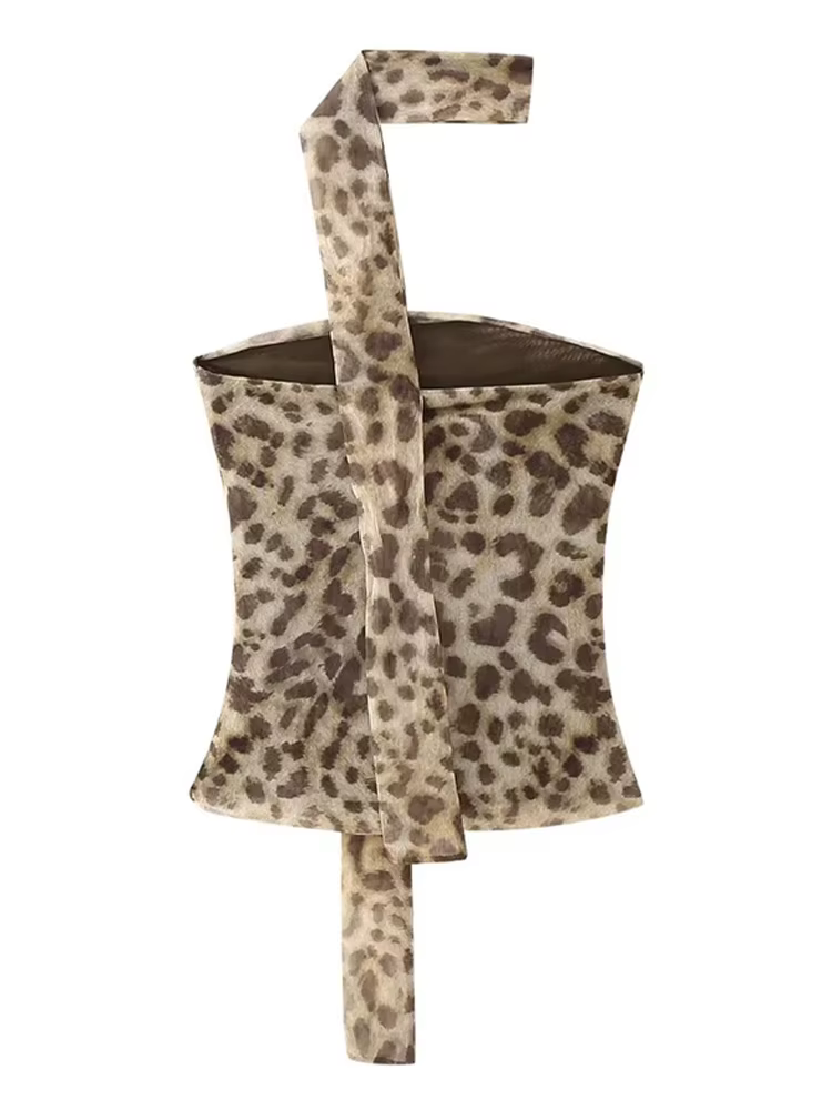 Léopard Tulle haut court femmes imprimer froncé haut Corset femme Vintage été haut à licou dos nu Se