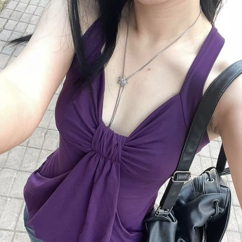 Débardeurs licou violets sexy à col en V sans manches, cintrés à la taille, style coréen, mode été f