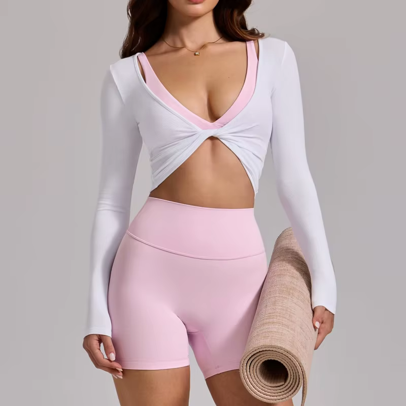 Haut court côtelé moulant pour femme, sexy, à torsion sur le devant, à manches longues, séchage rapi