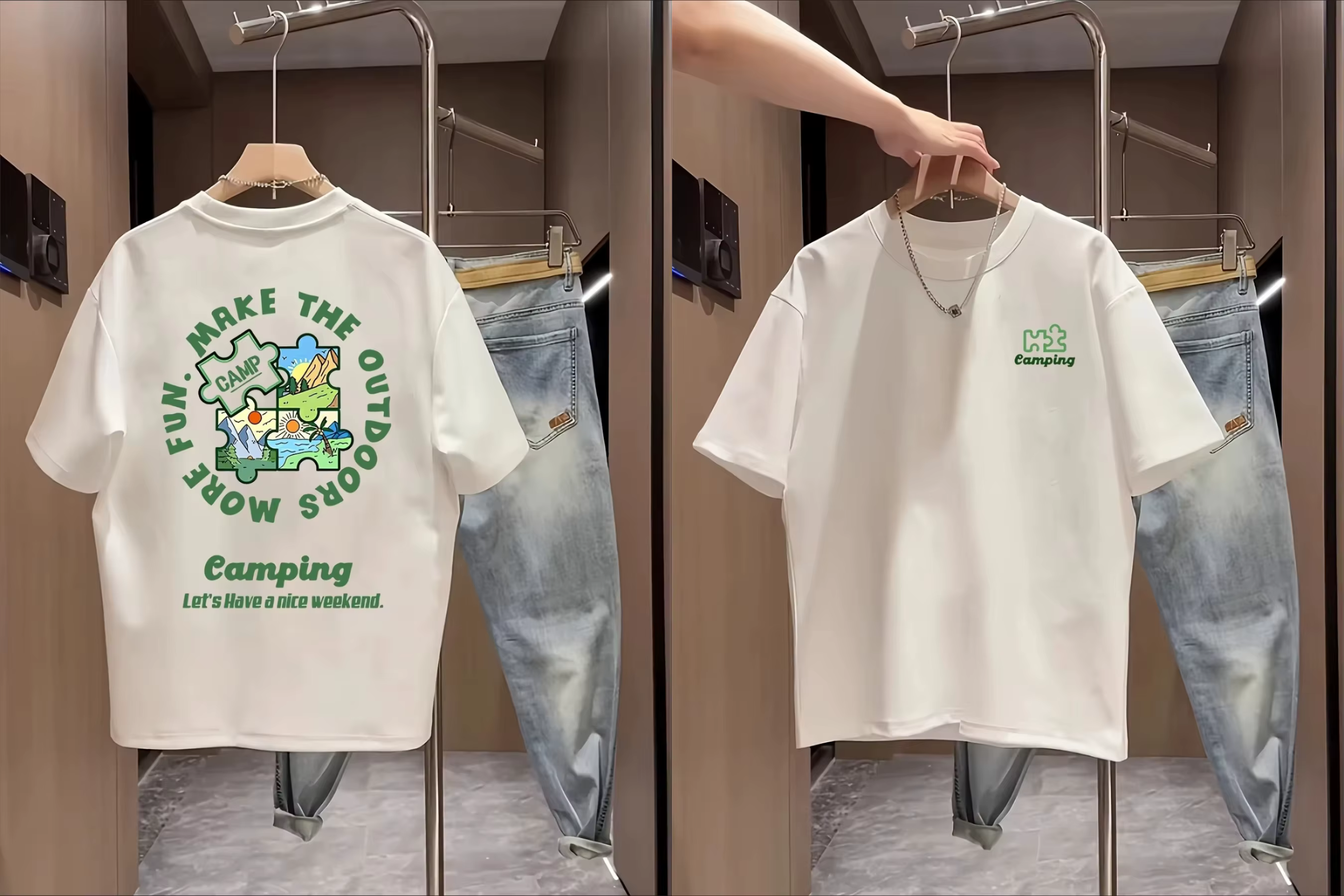 T-shirt unisexe décontracté à manches courtes en coton doux avec imprimé puzzle paysage de camping e