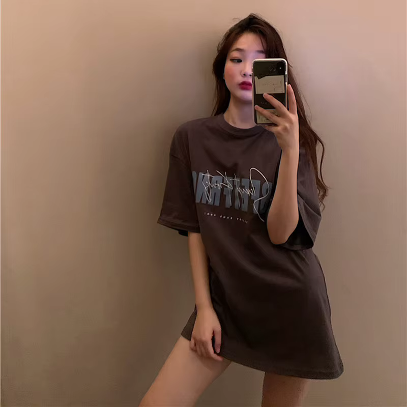 T-shirt décontracté à manches courtes pour femme, coupe ample, en polyester effet soie, col rond, im