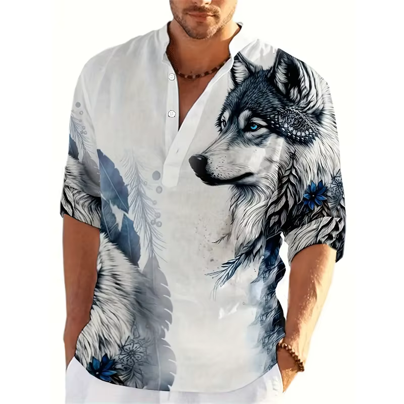 Animal loup 3D imprimé Henley chemises hommes mode Streetwear surdimensionné col montant à manches l