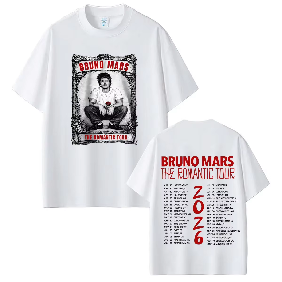 Bruno Mars The Romantic Tour 2026 T-shirt imprimé pour homme et femme, T-shirts à la mode à manches 