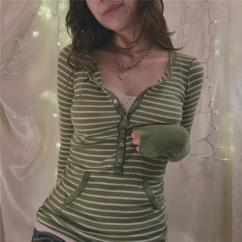 T-shirt à rayures pour femmes, col en V, manches longues, avec poche, y2k, vêtements féeriques Grung