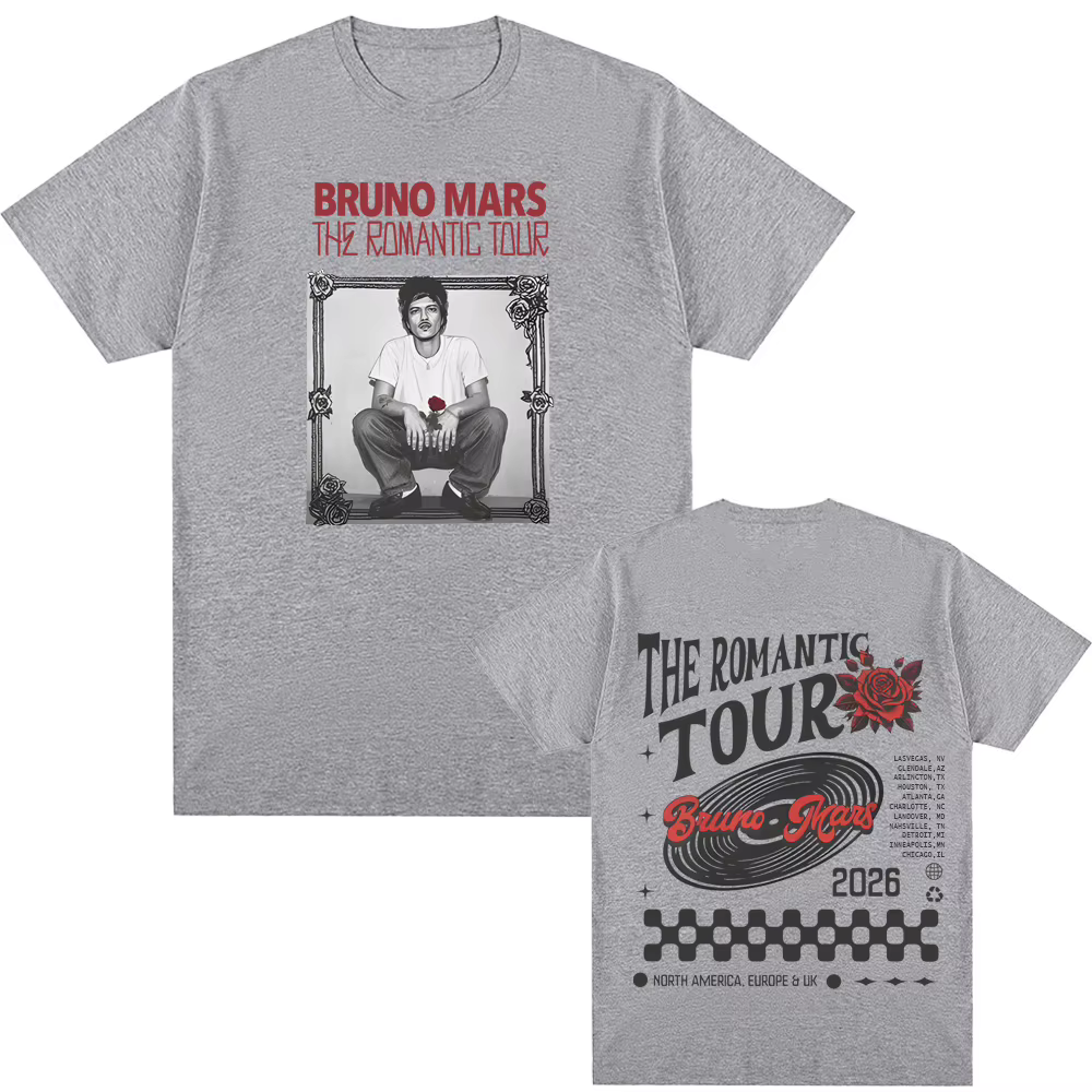 T-shirt Bruno Mars The Romantic Tour, album 2026, vêtements de tournée, design original, 100% coton,