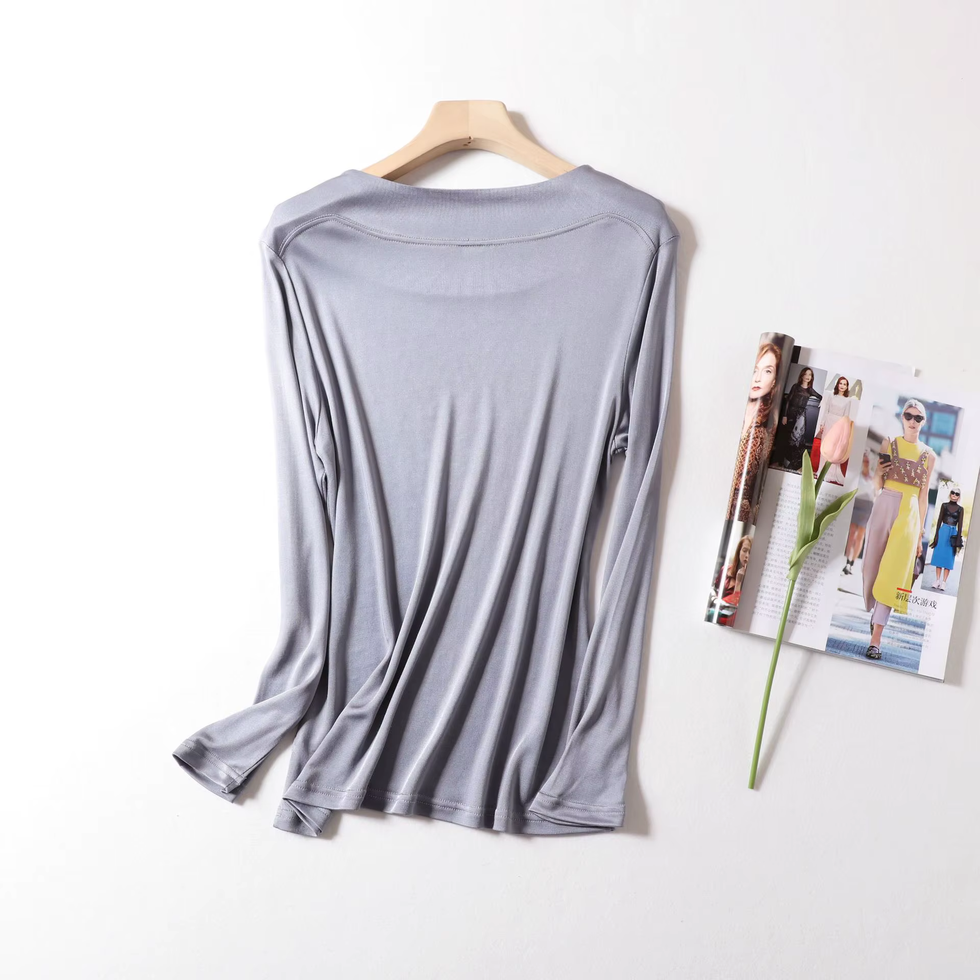 T-shirts en soie véritable Birdtree pour femme, col rond, uni, décontracté, manches longues, basique