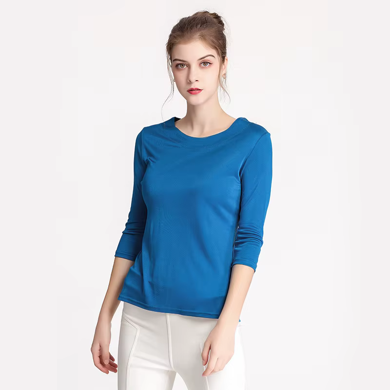 Birdtree soie mélange tricoté solide T-shirts, Slash cou lâche femmes décontracté basiques T-shirts,