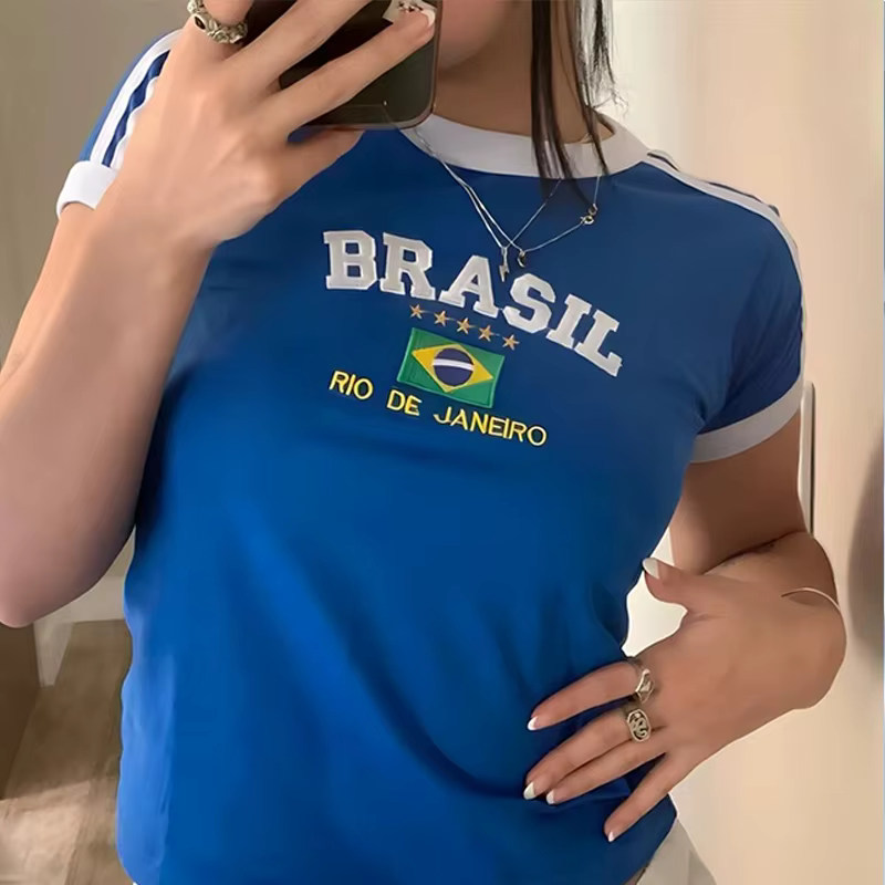 Gothique Emo Girl Crop Top Streetwear Esthétique Grunge T-shirt Vintage Femmes Bleu Brésil Lettre Im