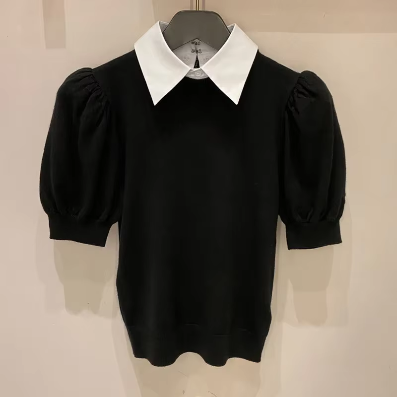 T-shirts en maille coréens pour femme, style vintage, faux deux pièces, crop tops à manches bouffant