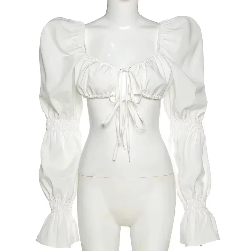 Hauts et chemisiers blancs pour femmes, manches longues bouffantes, col carré, crop tops à nouer, ch