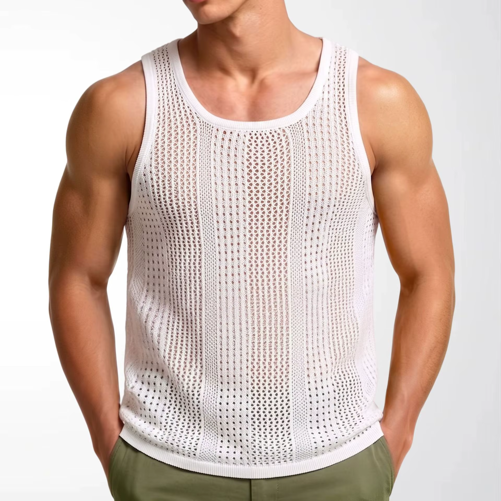 Débardeur d'été en dentelle pour hommes, chemises sans manches ajourées, vêtements d'été Slim Fit, v