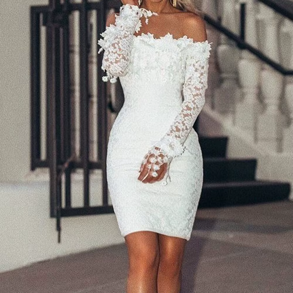 Robe courte en dentelle blanche pour femme, manches longues, mini robe sexy, batterie Con Off initié