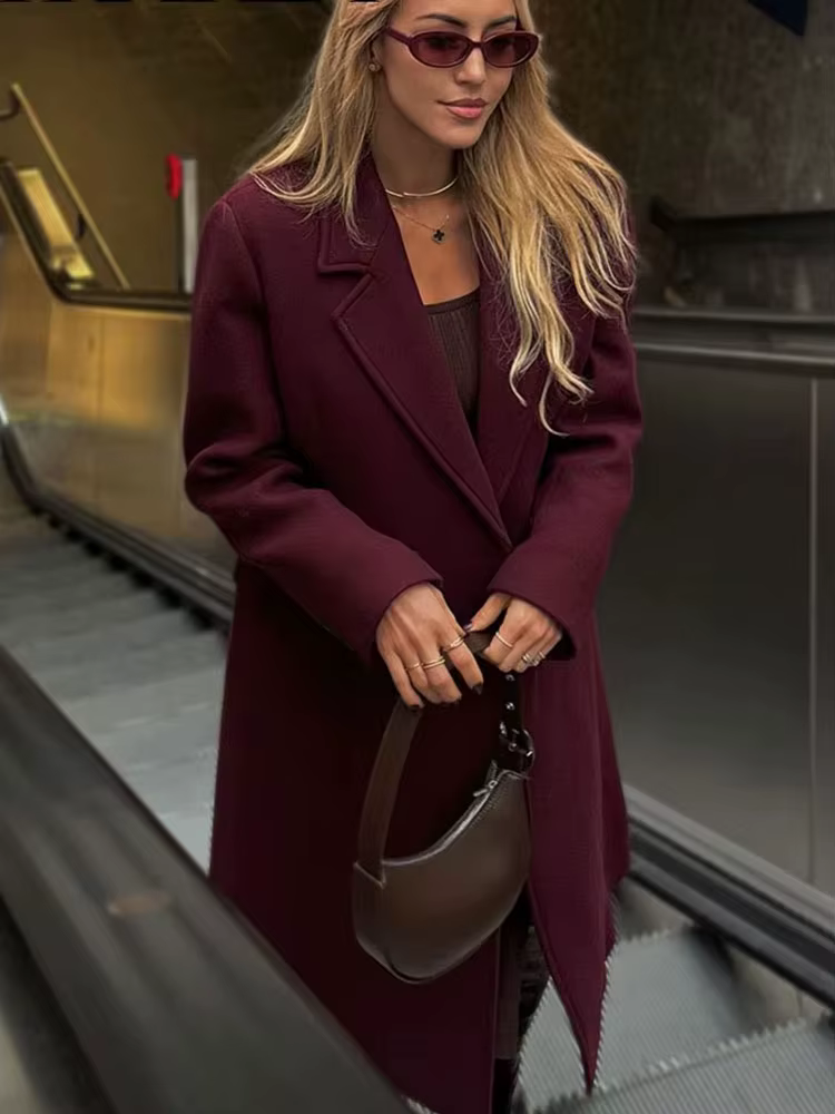 HH femmes mode bordeaux manteau Double boutonnage à manches longues revers mélanges veste automne hi