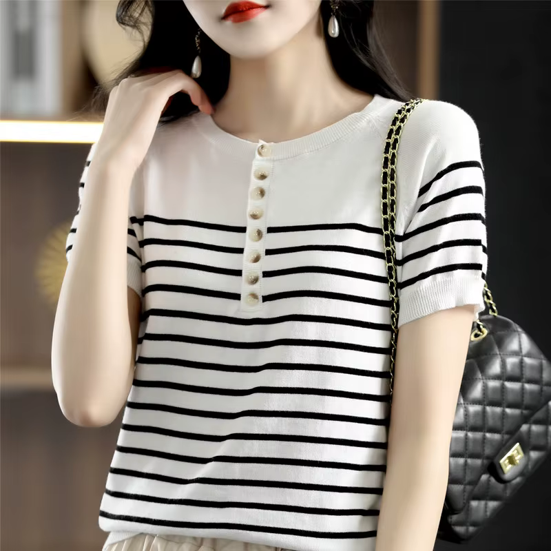 T-shirt 100% coton pour femmes, tricoté à rayures, manches courtes, décontracté, col rond, hauts bas