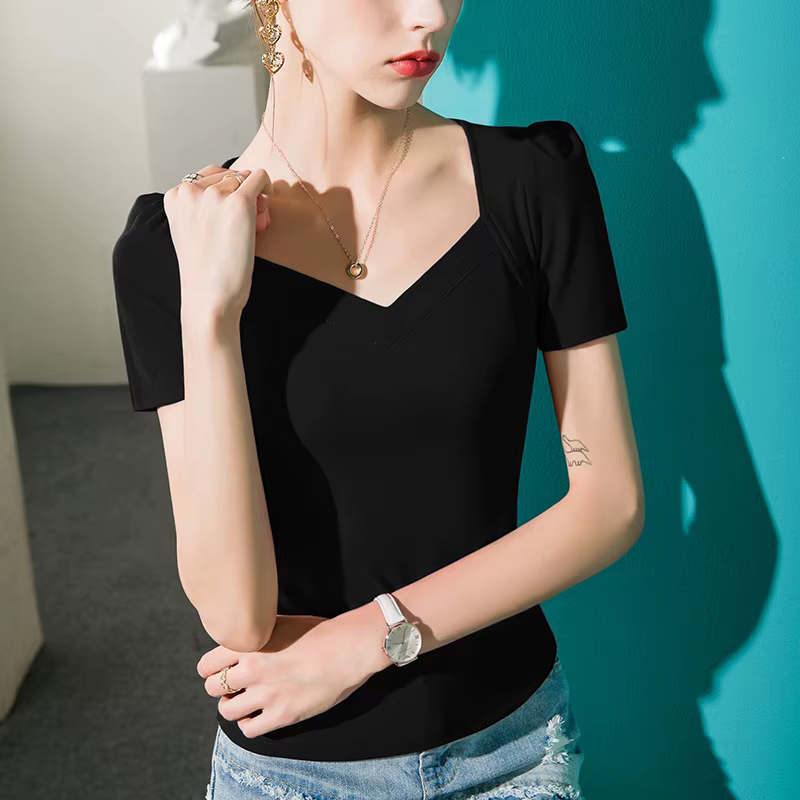 # 4418 noir blanc rouge manches bouffantes t-shirt femmes col en v coton Sexy court bureau t-shirt d