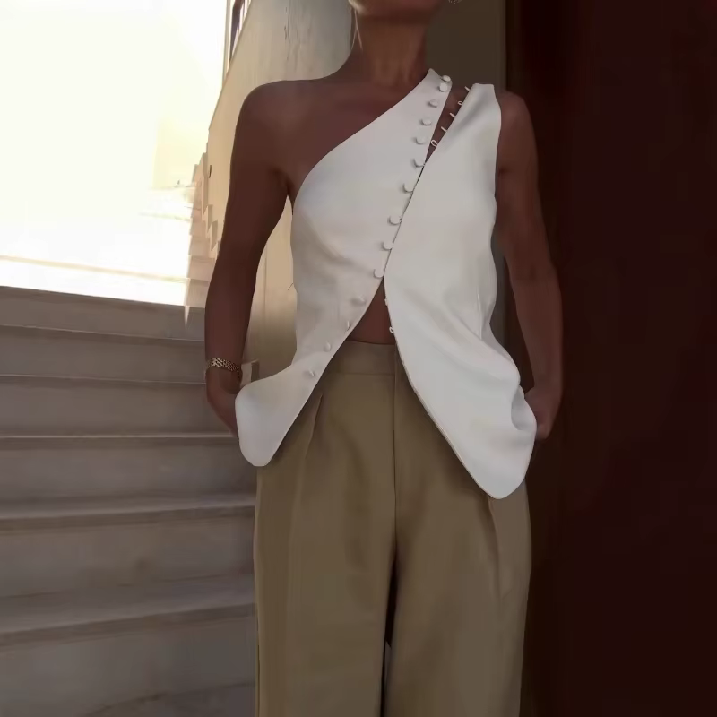 Haut asymétrique élégant à fermeture crochet et œillet, sexy, asymétrique à une épaule, dos nu, fend