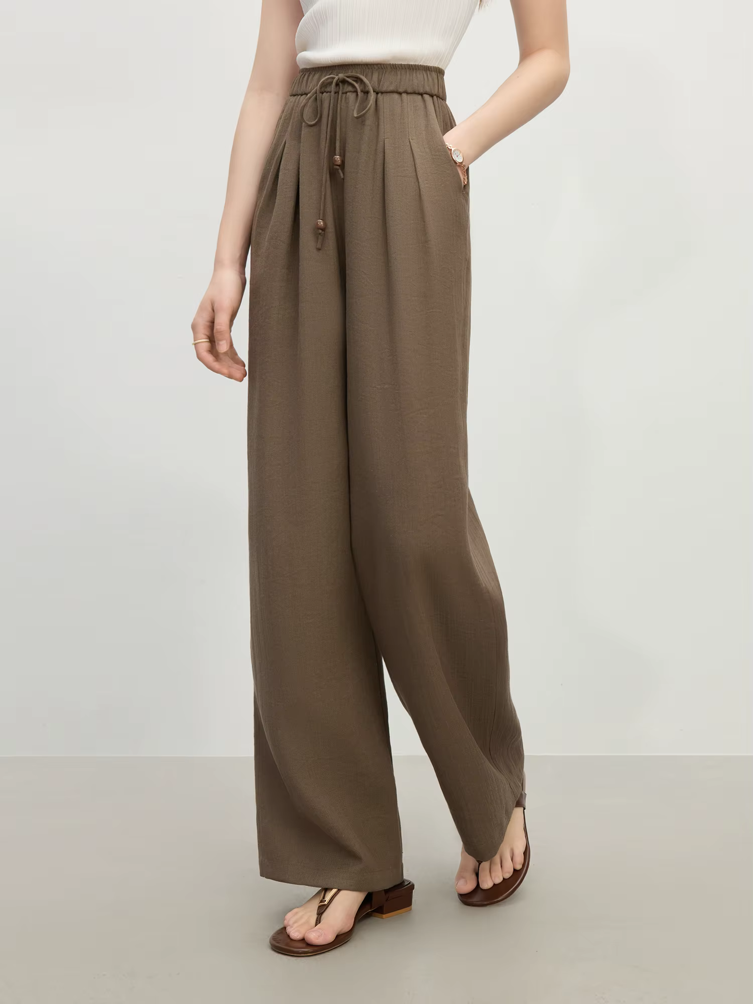 FSLE minimalisme Style lin droit élastique taille haute pantalons décontractés pour les femmes été 2