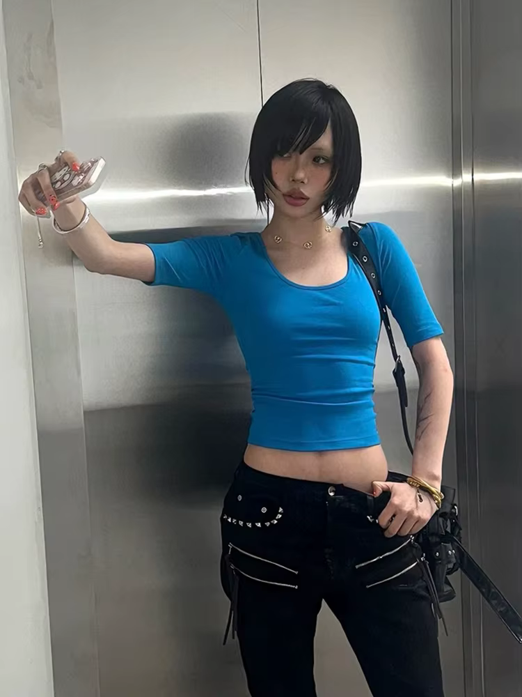 T-shirt esthétique Tonngirls années 2000 pour femme, haut court slim à manches courtes, style Y2K Fa