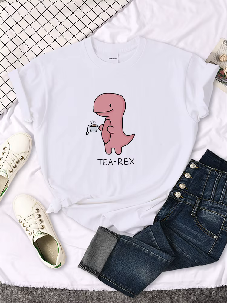 T-shirt imprimé Tea-Rex rose mignon pour femme, col rond, chemise surdimensionnée adt, Harajuku, tou