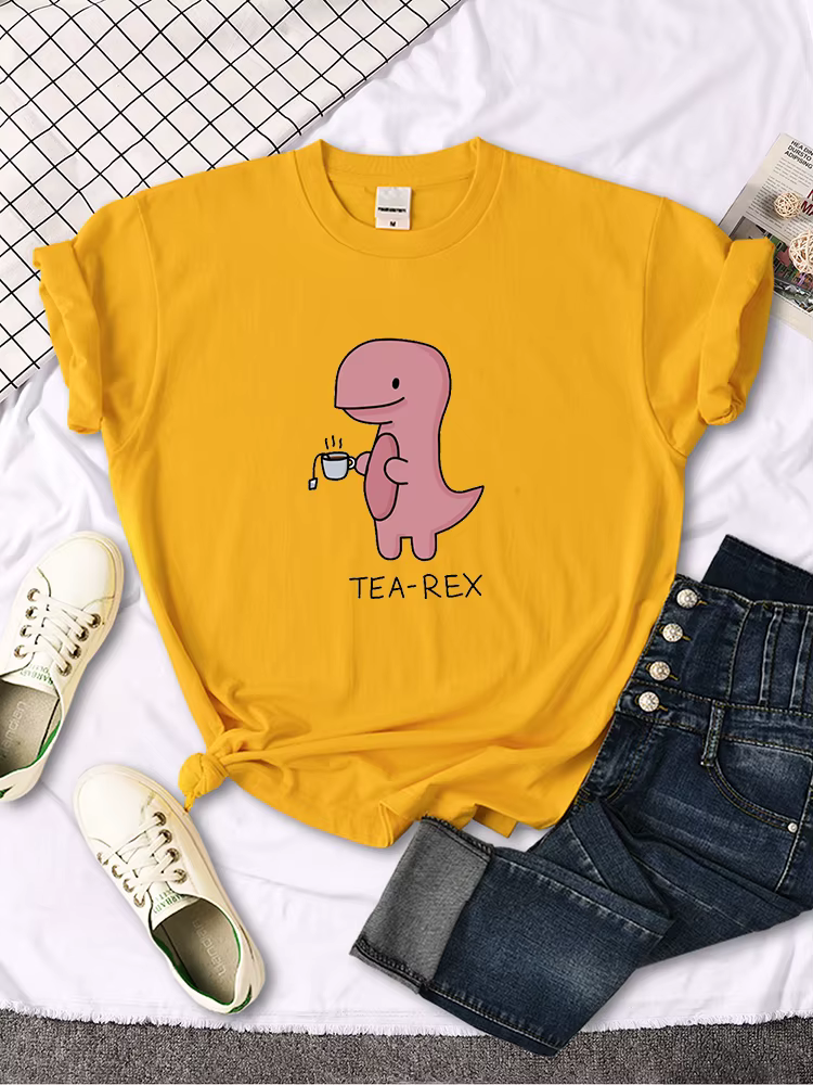 T-shirt imprimé Tea-Rex rose mignon pour femme, col rond, chemise surdimensionnée adt, Harajuku, tou
