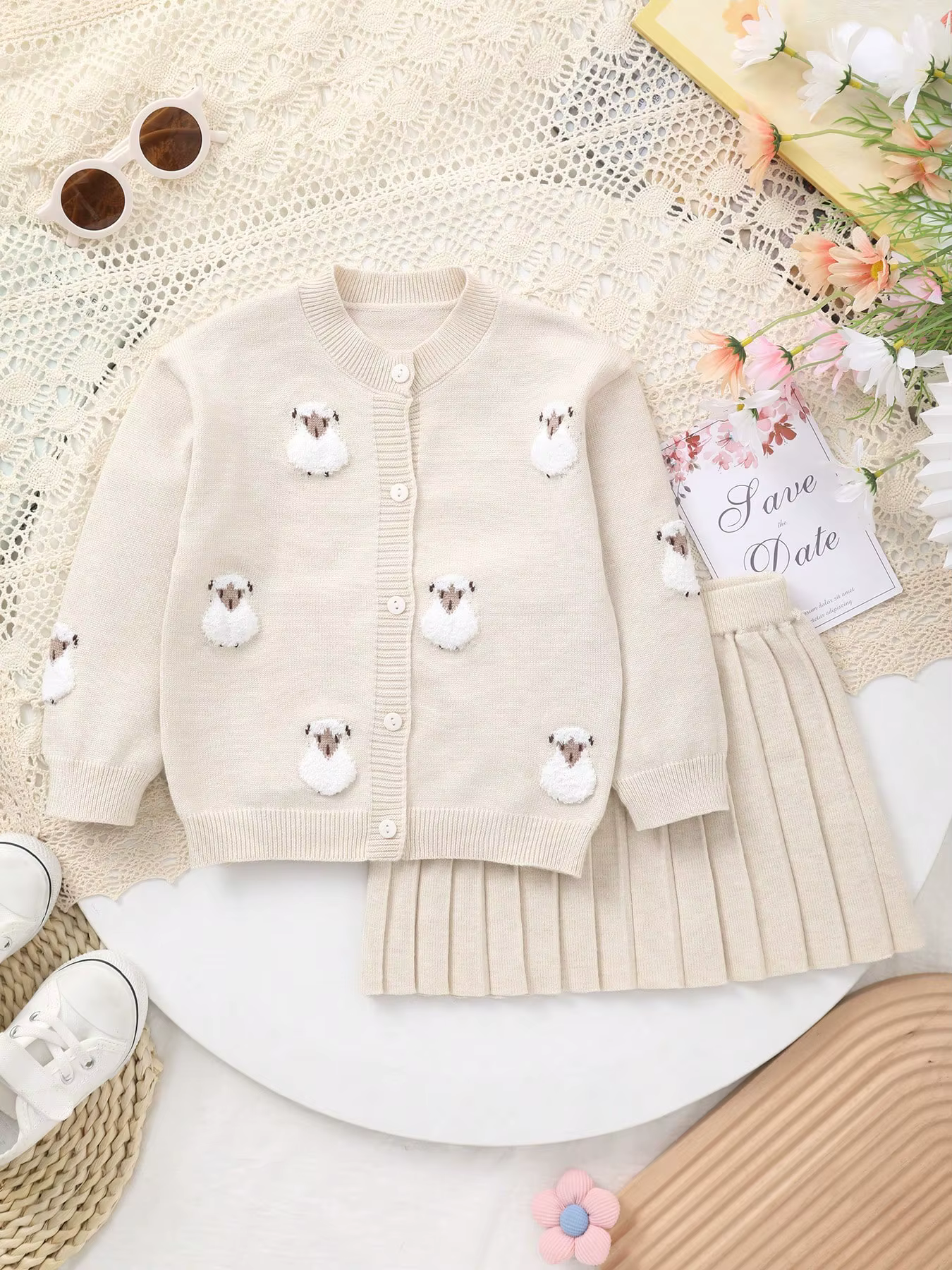 Cardigan en tricot chaud et élégant pour bébé fille avec broderie de petit mouton, associé à une ten