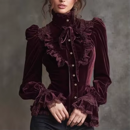 Chemisiers à manches longues en velours vintage pour femmes, hauts, dentelle, style gothique, chemis