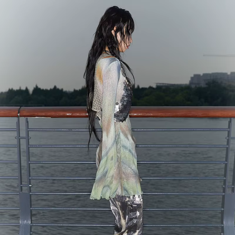 Karrcat Trashy Y2k cravate-teinture maille hauts Grunge esthétique manches évasées hauts transparent