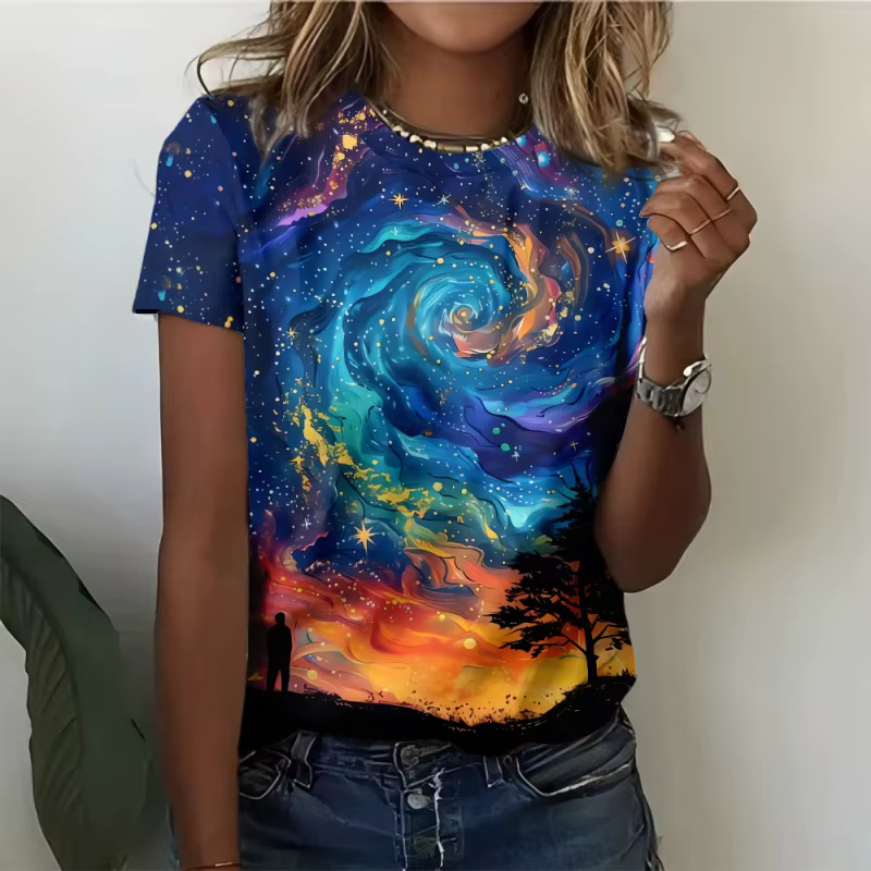 T-shirt manches courtes col rond femme, ample, imprimé en 3D, Fruits colorés, baleine ciel étoilé, é